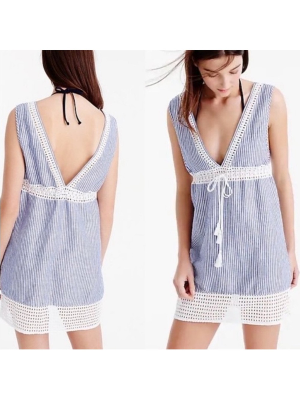 J. Crew Striped Eyelet Swim Tunic Cover-Up Dress Linen/Cotton Blend Size Small - Picture 4 of 15